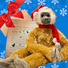 Santa letter and gibbon zoodopt plush wearing Santa hat and scarf
