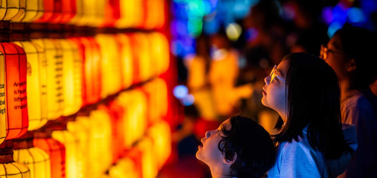 guests in front of lanterns at Boston Lights